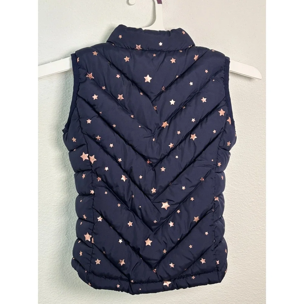 Gap Kids Navy Blue Rose Gold Metallic Star Puffer Vest Small S 6-7 Chevron Zip